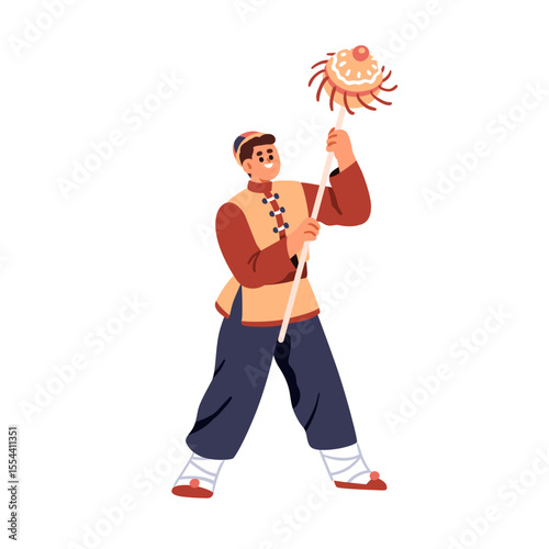 Chinese holiday festival performance, carnival dance. Man performer holding b...