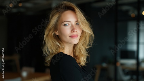 Portrait of a Young Woman with Beautiful Hair in a Modern Office Setting