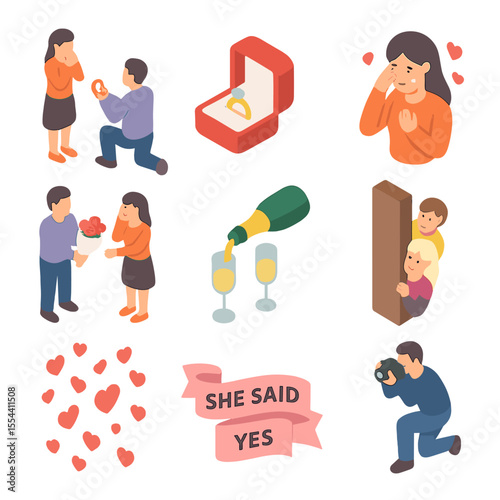 Engagement Proposal Icons. Isometric Flat icon set of Engagement Proposal Surprise: partner on one knee, ring box opened, tearful