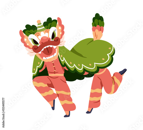 Chinese dance performance. Traditional lunar new year celebration with festive puppet. Performers during asian street parade, holiday carnival. Flat vector illustration isolated on white background