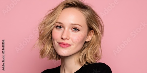 Beautiful Young Woman with Short Hair Smiling Against a Pink Background