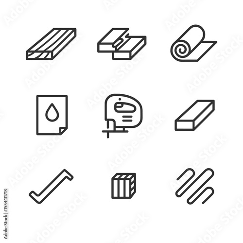 Engineered Wood Flooring Icons. Outline icon set of Engineered Wood Flooring: engineered plank, floating floor connector,