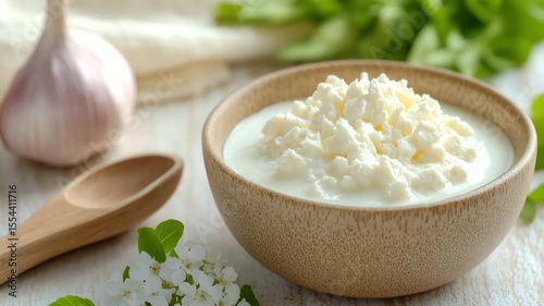 Wooden bowl full of fresh cottage cheese or curd with whey, served with garlic, herbs and flowers on white wooden table
