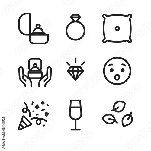 Engagement Icon Set. Outline icon set of engagement ring presentation: ring box, engagement ring, velvet cushion, hands opening
