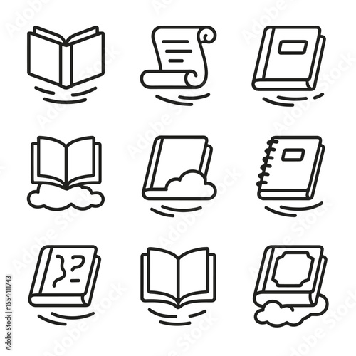 Ethereal Book Icons. Outline icon set of ethereal floating books and scrolls: floating tome, drifting scroll, airborne diary,