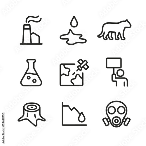 Environmental Icons Grid. Outline icon set of environmental investigations: factory smokestack, oil spill, endangered animal