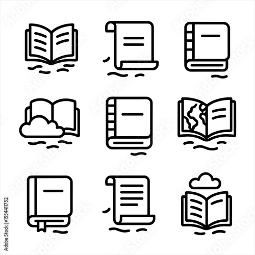 Ethereal Book Icons. Outline icon set of ethereal floating books and scrolls: floating tome, drifting scroll, airborne diary,