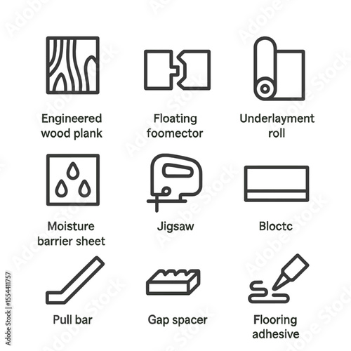 Engineered Wood Flooring Icons. Outline icon set of Engineered Wood Flooring: engineered plank, floating floor connector,