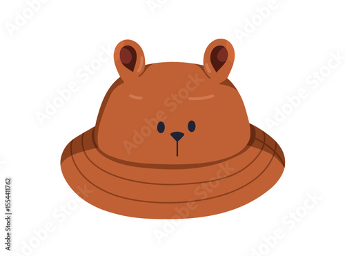 Panama hat with bear face and ears. Cute funny sunhat, beach cap for kids, children. Playful headwear design, summer accessory for sun protection. Flat vector illustration isolated on white background