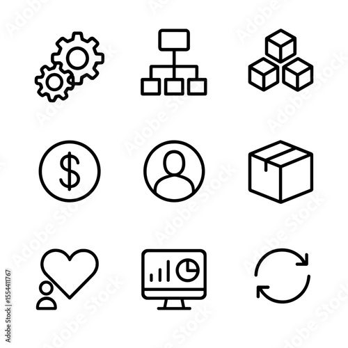 ERP System Icons. Outline icon set of enterprise resource planning (ERP) systems: gear integration, workflow chart, module blocks,