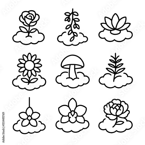 Ethereal Flora Icons. Outline icon set of ethereal floating flora: cloud rose, hanging vine, levitating lotus, drifting sunflower,