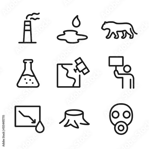 Environmental Icons Grid. Outline icon set of environmental investigations: factory smokestack, oil spill, endangered animal
