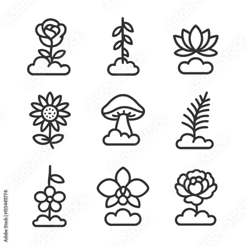 Ethereal Flora Icons. Outline icon set of ethereal floating flora: cloud rose, hanging vine, levitating lotus, drifting sunflower,