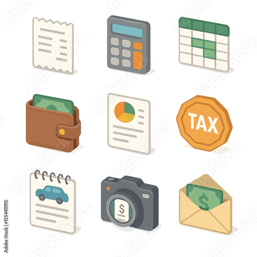 Isometric Expense Icon Set. Isometric Flat icon set of expense tracking: receipt, calculator, spreadsheet, wallet, expense report,