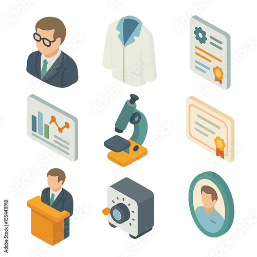 Expert Icon Set. Isometric Flat icon set of Expert Witness and Reports: expert witness figure, lab coat, technical report, data