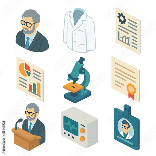 Expert Icon Set. Isometric Flat icon set of Expert Witness and Reports: expert witness figure, lab coat, technical report, data