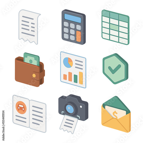 Isometric Expense Icon Set. Isometric Flat icon set of expense tracking: receipt, calculator, spreadsheet, wallet, expense report,