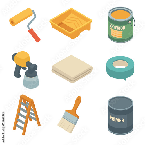 Exterior Painting Icons. Isometric Flat icon set of exterior painting after siding: paint roller, paint tray, exterior paint can,