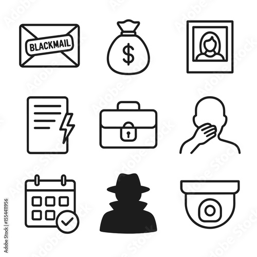 Extortion Icon Set. Outline icon set of Extortion and Blackmail Symbols: sealed envelope with “blackmail” stamp, money bag with