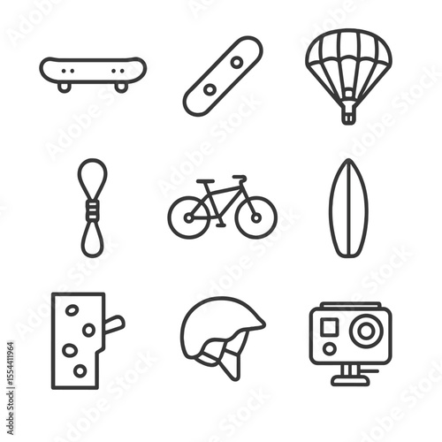 Extreme Sports Icon Set. Outline icon set of extreme sports: skateboard, snowboard, parachute, bungee cord, mountain bike,