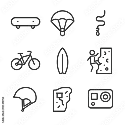 Extreme Sports Icon Set. Outline icon set of extreme sports: skateboard, snowboard, parachute, bungee cord, mountain bike,