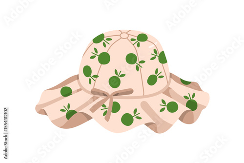 Panama, summer sunhat with bow and print. Beach sun protection hat for kids, with folding brim, fruit pattern. Head clothing, girls headwear. Flat vector illustration isolated on white background