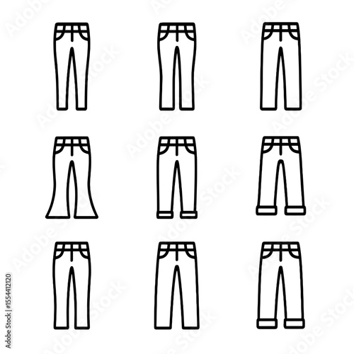 Faded Jeans Icon Collection. Outline icon set of Faded Jeans Styles: skinny jeans, bootcut jeans, straight cut jeans, flared jeans