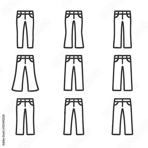 Faded Jeans Icon Collection. Outline icon set of Faded Jeans Styles: skinny jeans, bootcut jeans, straight cut jeans, flared jeans