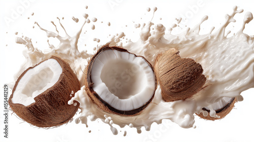Coconuts flying in creamy coconut milk splash