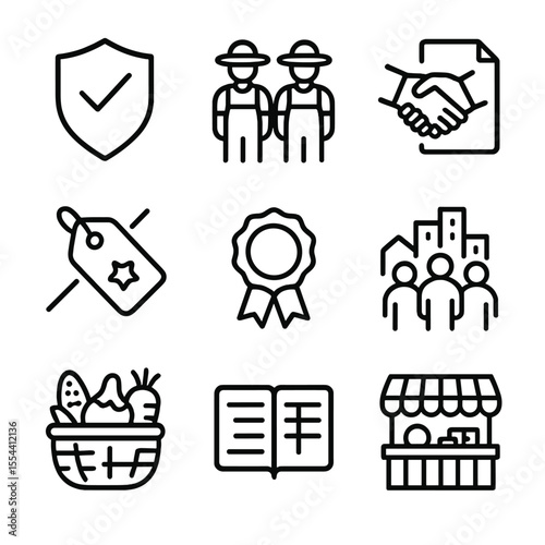 Fair Trade Icons. Outline icon set of fair trade practices: fair trade badge, cooperative farmers, handshake contract, premium