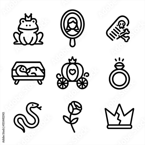 Fairy Tale Icons. Outline icon set of Transformation Motifs: frog prince, mirror reflection, poisoned comb, glass coffin,