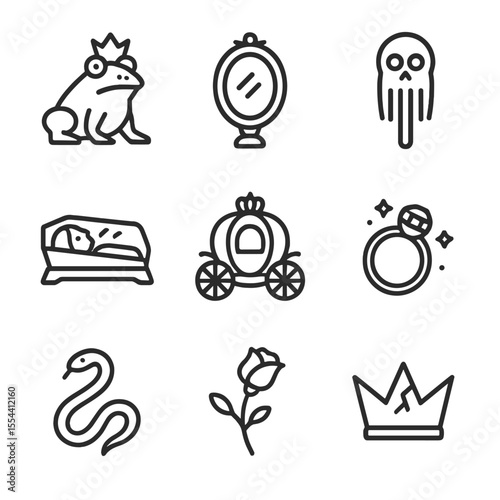 Fairy Tale Icons. Outline icon set of Transformation Motifs: frog prince, mirror reflection, poisoned comb, glass coffin,
