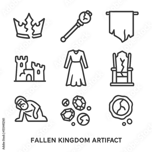 Fallen Kingdom Artifacts Icons. Outline icon set of Fallen Kingdom Artifacts: shattered crown, broken scepter, tattered banner,