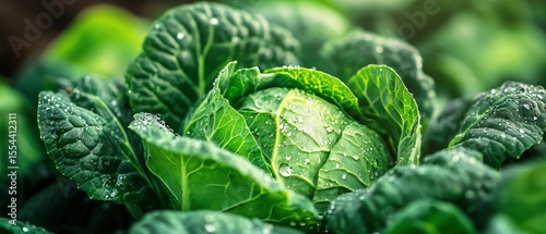 Fresh green cabbage with droplets of water.