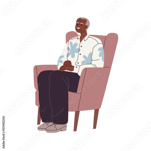Senior black man sitting in armchair. Old aged African male with gray hair, relaxing in cozy seat, smiling. Elderly person, calm leisure, rest. Flat vector illustration isolated on white background