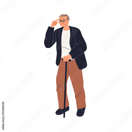 Old man walking with cane. Elderly male in glasses, going, leaning on support stick. Senior older aged retired person strolling outdoors. Flat vector illustration isolated on white background