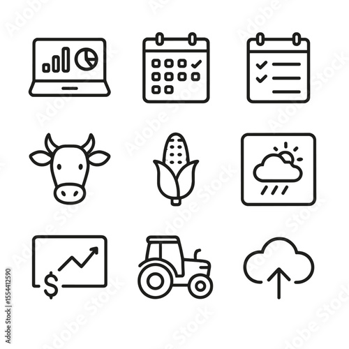 Farm Management Icons. Outline icon set of farm management software: laptop with analytics, calendar, task list, cow icon, crop