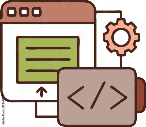 Abstract illustration of coding and web development process with gear icon isolated on transparent background