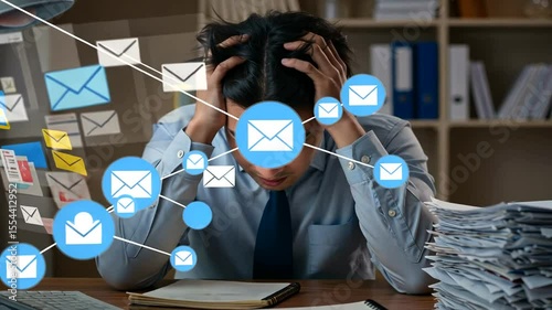 Overwhelmed Asian Professional: Email Overload and Workplace Stress Depiction