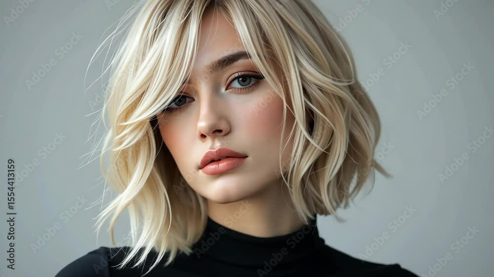Blonde young caucasian woman with short wavy bob haircut looking calmly at camera against neutral grey background. Concept of modern beauty portrait