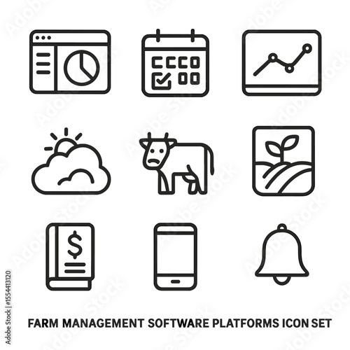 Farm Software Icons. Outline icon set of Farm Management Software Platforms: dashboard screen, calendar schedule, analytics graph,