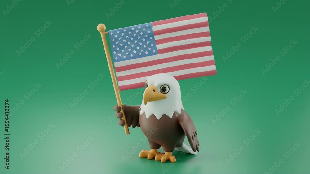 Cartoon Eagle Waving American Flag in 3D Animation on Green Background Rendering Celebration Holiday Symbol Freedom Patriotism