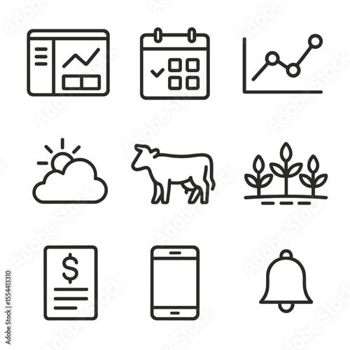 Farm Software Icons. Outline icon set of Farm Management Software Platforms: dashboard screen, calendar schedule, analytics graph,