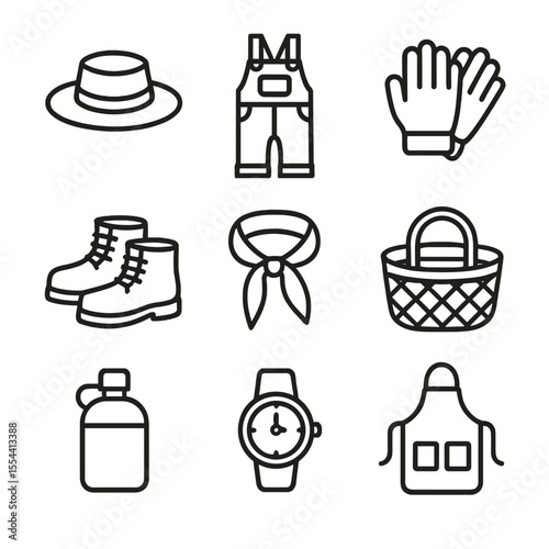 Farmer's Icon Set. Outline icon set of farmer’s morning attire and gear: straw hat, denim overalls, work gloves, leather boots,