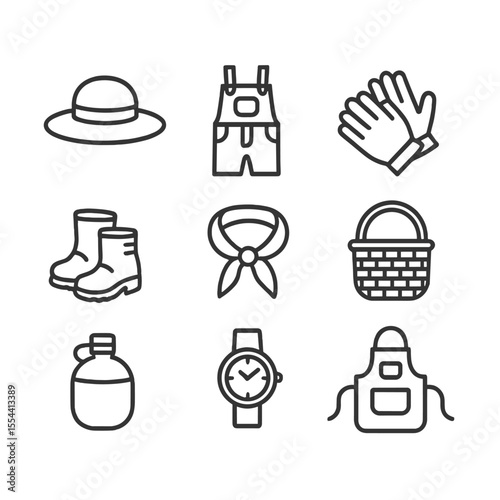 Farmer's Icon Set. Outline icon set of farmer’s morning attire and gear: straw hat, denim overalls, work gloves, leather boots,