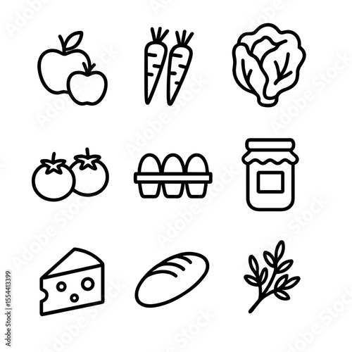 Farmers Market Icons. Outline icon set of Farmers Market Produce: apples, carrots, lettuce, tomatoes, eggs carton, honey jar,