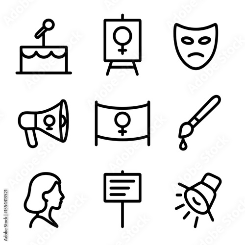 Feminist Protest Icon Set. Outline icon set of feminist art and performance protests: stage with microphone, protest art canvas,