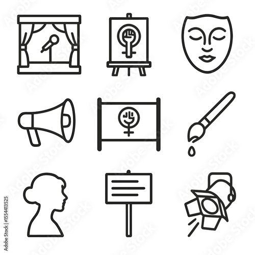 Feminist Protest Icon Set. Outline icon set of feminist art and performance protests: stage with microphone, protest art canvas,