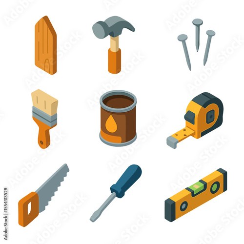 Fence Repair Icons. Isometric Flat icon set of Fence Repair Tools and Materials: replacement plank, hammer, nails, paintbrush,