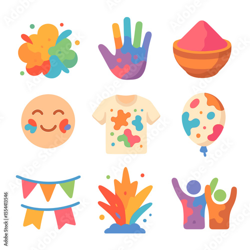 Festival of Colors Icon Set. Isometric Flat icon set of festival of colors celebration: powder cloud burst, colored handprint,